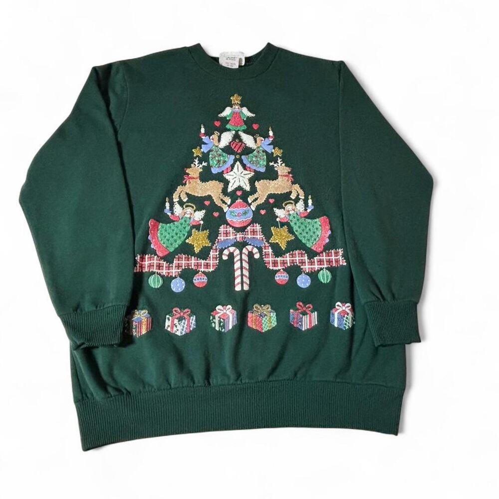 VINTAGE Christmas Sweater Scarab San Fran Green Tree Crewneck Sweatshirt Women M